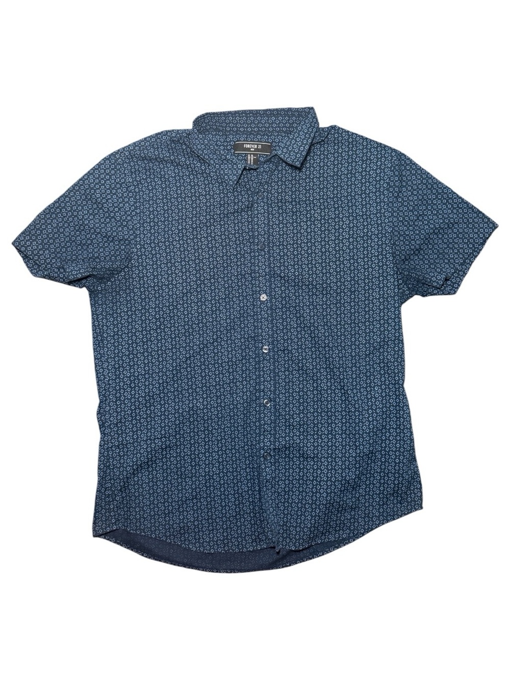 Forever 21 Men Navy Geometric Print Short Sleeve Button Down Shirt XL